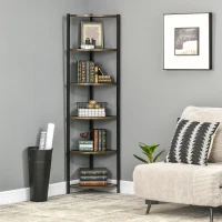 HOMCOM 6-Tier Corner Shelf, Corner Bookshelf with Metal Frame, for Living Room, Bedroom, Kitchen, Dark Brown(m-8)