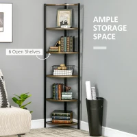 HOMCOM 6-Tier Corner Shelf, Corner Bookshelf with Metal Frame, for Living Room, Bedroom, Kitchen, Dark Brown(m-5)