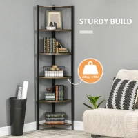 HOMCOM 6-Tier Corner Shelf, Corner Bookshelf with Metal Frame, for Living Room, Bedroom, Kitchen, Dark Brown(m-6)