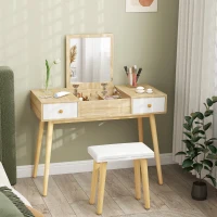 HOMCOM Makeup Vanity Desk with Flip Top Mirror and Cushioned Stool, Dressing Table Writing Desk with 2 Drawers and Storage Grids for Bedroom (Natural)(m-8)