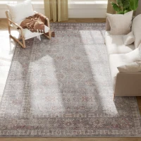 HOMCOM Machine Washable Area Rug 8x10, Non-Slip Traditional Flower Print Floor Carpet for Living Room, Bedroom, Grey and Brown(m-12)