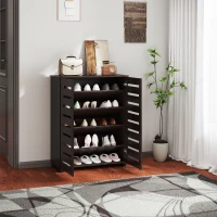 HOMCOM Narrow Shoe Cabinet with 2 Slatted Doors, Modern Shoe Storage Cabinet with Adjustable Shelves for Entryway, Hallway, Living Room, Holds 15 Pairs, Dark Brown(m-1)