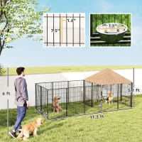 PawHut Large Outdoor Dog Kennel with Rotating & Adjustable Height Bowls, Waterproof & UV-Resistant Canopy, 11.3' x 4.7' x 5.1'(m-3)