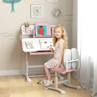 Qaba Height Adjustable Kids Desk and Chair Set for Writing Drawing w/ Tilt Desktop, Storage Drawer and Reading Rack, Pink(m-2)