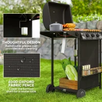 Outsunny 3+1 Burner Propane Gas BBQ Grill, Portable Gas Barbecue Grill with Side Burner, Thermometer, Lid, Side Table, Shelf, Spice Rack, Wheels, Grease Cup for Garden, Black(m-7)
