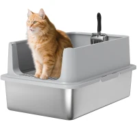 PawHut XL Stainless Steel Cat Litter Box for Big and Multiple Cats with High Wall Side, Scoop, Easy Cleaning & Odor Free(m-11)