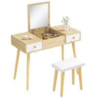 HOMCOM Makeup Vanity Desk with Flip Top Mirror and Cushioned Stool, Dressing Table Writing Desk with 2 Drawers and Storage Grids for Bedroom (Natural)(m-2)