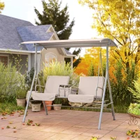 Outsunny 2-Seater Outdoor Porch Swing with Canopy and Table, Patio Swing Chair for Garden, Poolside, Backyard, Beige(m-10)