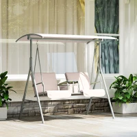 Outsunny Double Outdoor Swing Chair 2 Person Covered Swing Porch Swing w/ Pivot Table and Storage Console, Beige(m-1)