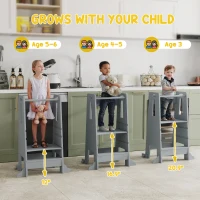 Qaba Height Adjustable Toddler Tower w/ Safety Rail, Handlbar, for Bathroom, Kitchen, Gray(m-8)