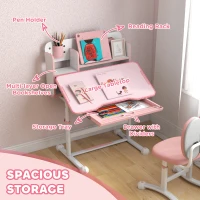 Qaba Height Adjustable Kids Desk and Chair Set for Writing Drawing w/ Tilt Desktop, Storage Drawer and Reading Rack, Pink(m-6)