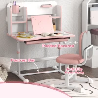 Qaba Height Adjustable Kids Desk and Chair Set for Writing Drawing w/ Tilt Desktop, Storage Drawer and Reading Rack, Pink(m-7)