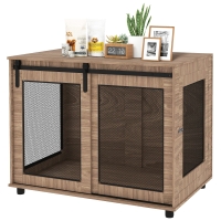 PawHut 39" Dog Crate Furniture, Dog Kennel Furniture End Table with Sliding Barn Door for Large Dogs, Walnut Brown