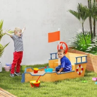 Outsunny Kids Wooden Sandbox Pirate Ship Sandboat Outdoor Backyard Playset Children Sandpit w/ Bench Seat Storage Space & Flag for 3-6 Years Old(m-8)