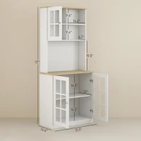 HOMCOM Kitchen Pantry Cabinet, 72" Freestanding Storage Cabinet with Hutch, Large Countertop, Glass Doors and Adjustable Shelves, Microwave Cabinet, Coffee Bar Cabinet for Dining Room, White(m-3)