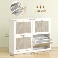 HOMCOM Narrow Shoe Storage Cabinet, Rattan Shoe Cabinet with 4 Flip Drawers and Adjustable Shelves for 20 Pairs, White(m-3)