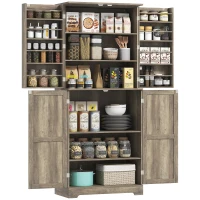 HOMCOM Farmhouse Kitchen Pantry, 72" Tall Pantry Cabinet with 4 Barn Doors, 4 Adjustable Shelves and 8 Door Shelves, Gray Wash(m-11)