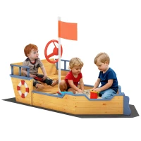 Outsunny Kids Wooden Sandbox Pirate Ship Sandboat Outdoor Backyard Playset Children Sandpit w/ Bench Seat Storage Space & Flag for 3-6 Years Old(m-2)