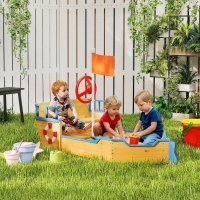 Outsunny Kids Wooden Sandbox Pirate Ship Sandboat Outdoor Backyard Playset Children Sandpit w/ Bench Seat Storage Space & Flag for 3-6 Years Old