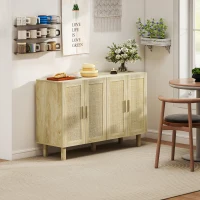 HOMCOM Boho Kitchen Cabinet, Buffet Cabinet with 4 Rattan Doors and Adjustable Shelves for Dining Room, Natural(m-10)