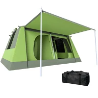 Outsunny Tunnel Tent Camping Shelter w/ Porch, Two Rooms, Lamp Hook, Portable Carry Bag, Green(m-11)