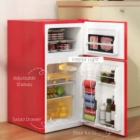 HOMCOM 3.2 Cu Ft Compact Refrigerator, Mini Fridge with Freezer, Adjustable Shelves and Reversible Doors for Bedroom, Red(m-5)
