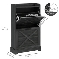 HOMCOM Slim Shoe Storage Cabinet, Farmhouse Shoe Cabinet with 2 Flip Drawers, Adjustable Shelves for 8 Pairs, Distressed Grey(m-3)