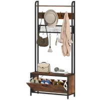 HOMCOM 5-In-1 Coat Rack Shoe Bench, Hall Tree with Bench, Shoe Cabinet, 10 Hooks for Hallway, Mud Room, Rustic Brown(m-2)