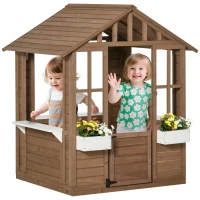 Outsunny Kids Wooden Playhouse, Outdoor Garden Games Cottage with Flowers Pot Holder, Working Door, Windows, Brown(m-1)