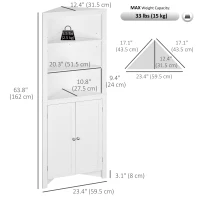 kleankin Tall Bathroom Storage Cabinet, Corner Cabinet with Doors, Linen Cabinet with Doors and 3-Tier Shelves, White(m-3)