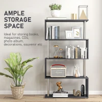 HOMCOM 5-Tiers Geometric Wooden Bookcase S-Shaped Storage Bookshelf Display with Metal Frame for Living Room, Bedroom, Home Office, Black(m-6)