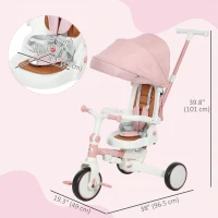 Qaba 7 in 1 Toddler Tricycle with Safety Harness, Adjustable & Removable Parent Handle, Canopy, Storage Bag, Brake, Pink(m-3)