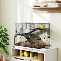 PawHut Hamster Cage, Gerbil Cage with Glass Basin for Small Hamsters, Black(m-9)