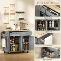 HOMCOM Kitchen Island Cart with Rubber Wood Top, Rolling Kitchen Island Table on Wheels with Drawers, Adjustable Shelves, Spice Rack and Towel Rack for Dining Room, Gray(m-6)