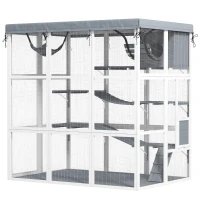 PawHut Large Outdoor Catio Cat Enclosure with Hammock, Condo, Jump Platforms, Ladders, Ramps, Tarp, for 2-4 Large Cats, Gray(m-11)