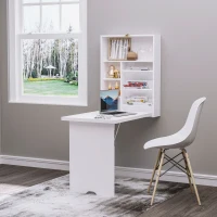 HOMCOM Wall Mounted Fold Out Convertible Desk, Multi-Function Floating Desk with Storage Shelf for Home Office, White(m-10)