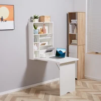 HOMCOM Wall Mounted Fold Out Convertible Desk, Multi-Function Floating Desk with Storage Shelf for Home Office, White(m-2)
