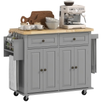 HOMCOM Kitchen Island Cart with Rubber Wood Top, Rolling Kitchen Island Table on Wheels with Drawers, Adjustable Shelves, Spice Rack and Towel Rack for Dining Room, Gray