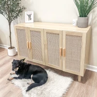 HOMCOM Boho Sideboard Buffet Cabinet, Storage Cabinet with 4 Rattan Doors and Adjustable Shelves, Natural(m-10)