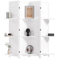 HOMCOM 4 Panel 67" Tall Wood Privacy Screen Room Divider with 3 Shelves and Folding Storage for Bedroom, White