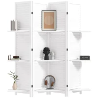 HOMCOM 4 Panel 67" Tall Wood Privacy Screen Room Divider with 3 Shelves and Folding Storage for Bedroom, White(m-1)