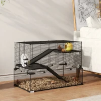 PawHut Hamster Cage, Gerbil Cage with Glass Basin for Small Hamsters, Black(m-10)