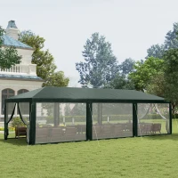 Outsunny 10' x 28' Outdoor Canopy, Party Tent, Garden Sun Shade with 8 Mosquito Mesh Netting and Zipper Door, Green(m-1)