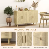 HOMCOM Boho Sideboard Buffet Cabinet, Storage Cabinet with 4 Rattan Doors and Adjustable Shelves, Natural(m-6)