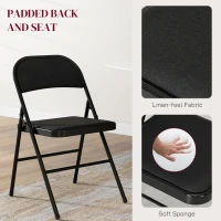 HOMCOM Set of 4 Metal Foldable Chairs, Linen Fabric Padded Folding Chairs with Cushion Seat and Open Back for Indoor, Black(m-4)