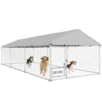PawHut Outdoor Dog Kennel with Adjustable & Rotatable Bowl Rack, Waterproof Cover, Secure Lock, 19.7' x 7.5' x 5.2'(m-11)