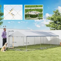 PawHut Outdoor Dog Kennel with Adjustable & Rotatable Bowl Rack, Waterproof Cover, Secure Lock, 19.7' x 7.5' x 5.2'(m-3)