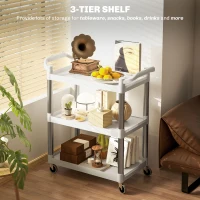 HOMCOM 3-Tier Utility Cart Rolling Storage Trolley with 3 Shelves, Silver and White(m-6)
