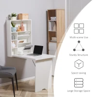 HOMCOM Wall Mounted Fold Out Convertible Desk, Multi-Function Floating Desk with Storage Shelf for Home Office, White(m-6)