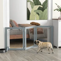 PawHut Freestanding Pet Gate, Folding Dog Gate with 2 Support Feet, 24" High, 3 Panels, for Small Dogs, Indoor Use - Grey(m-1)
